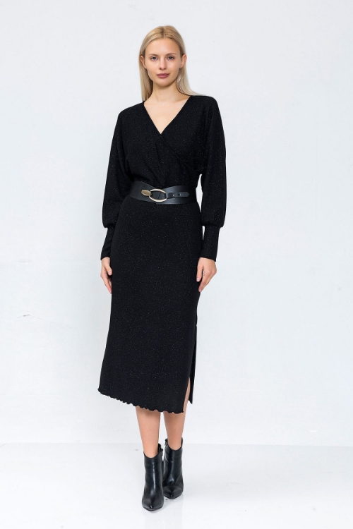 Picture of Woman Black 1139 Slit Belt Detailed Long Maxi Knitwear Dress
