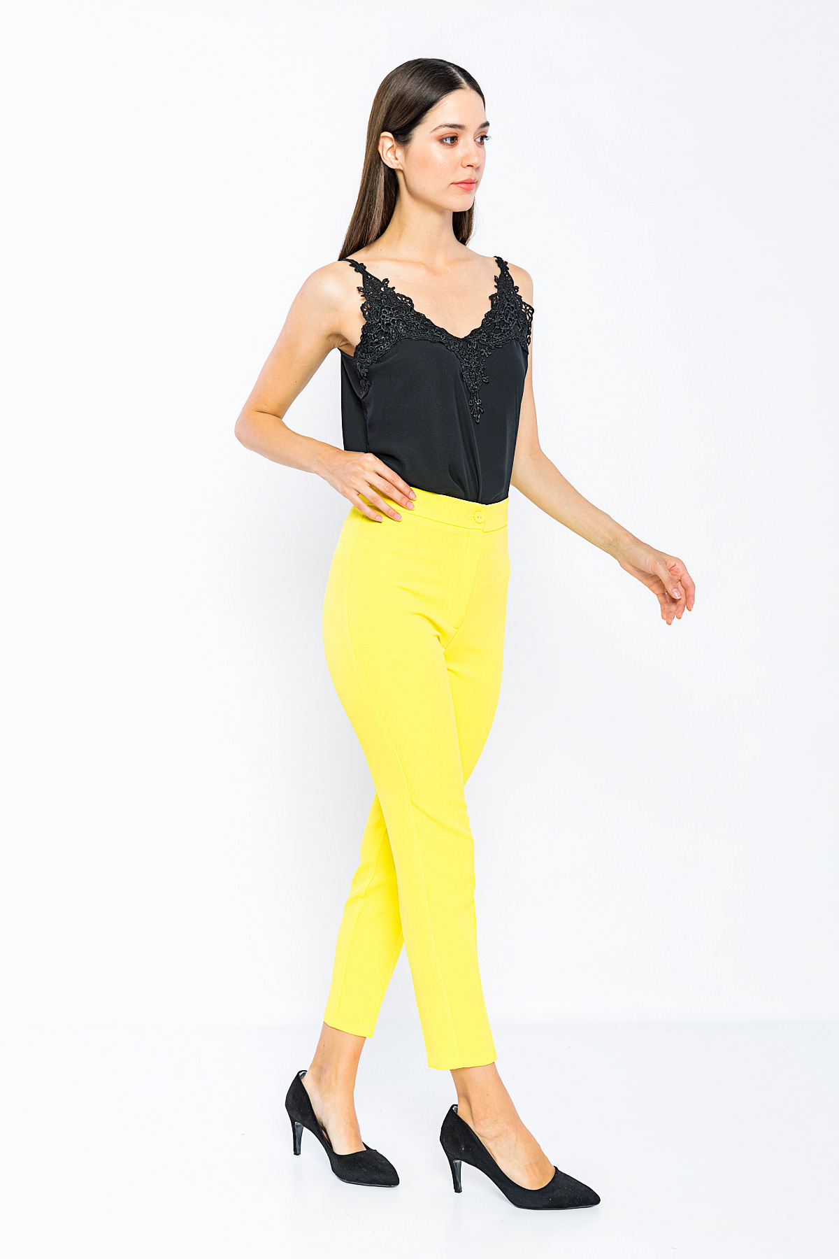 Picture of Woman Yellow Normal Waist Skinny Trotter Work Trousers