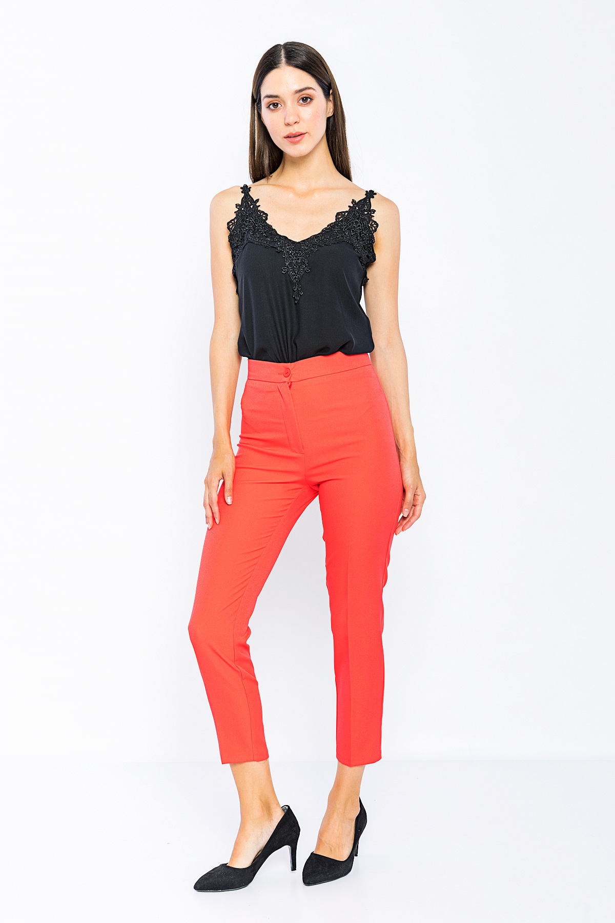 Picture of Woman Coral Normal Waist Skinny Trotter Work Trousers