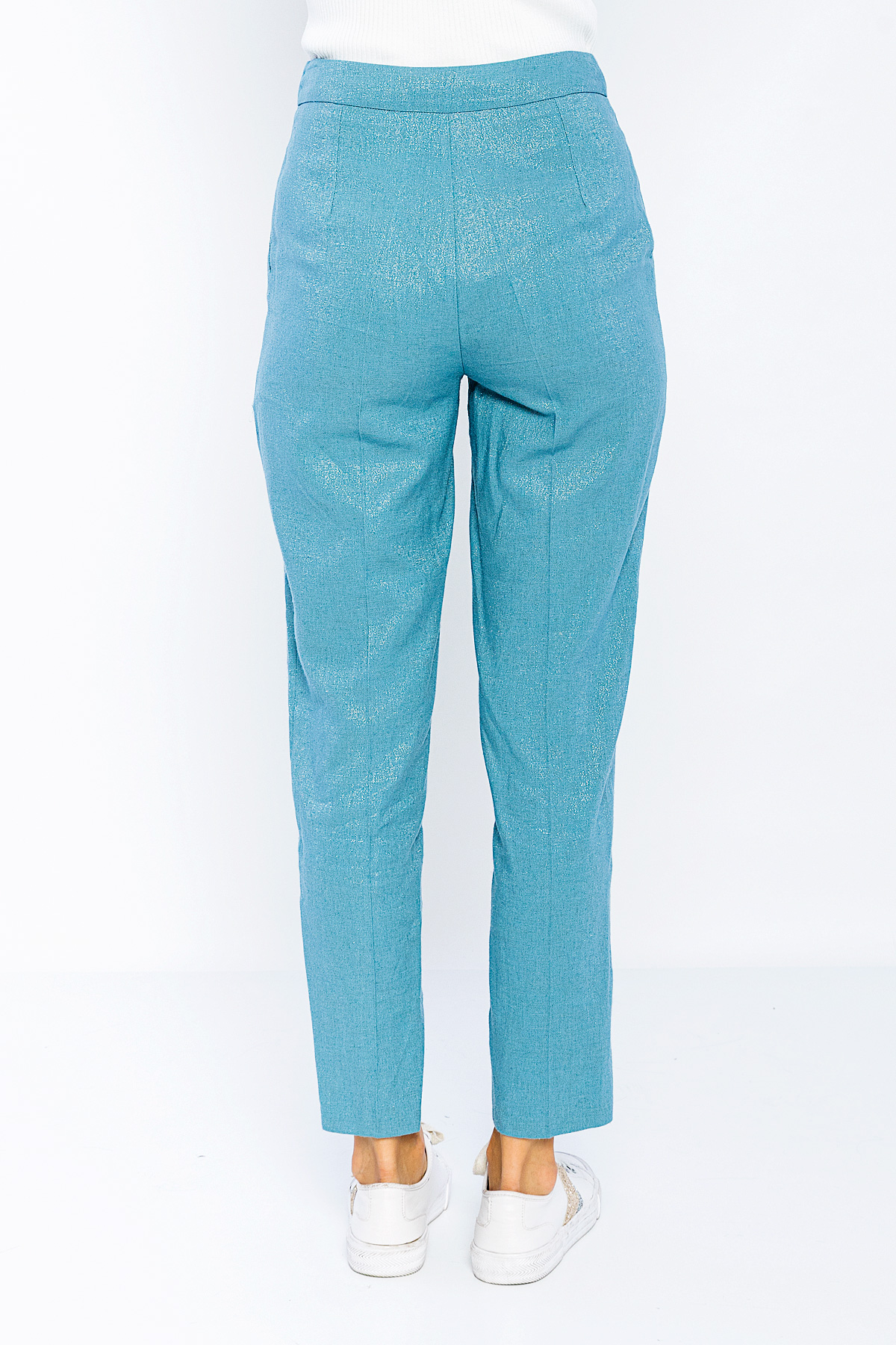 Picture of Woman Blue Silvery Linen Summery Normal Trotter Trousers