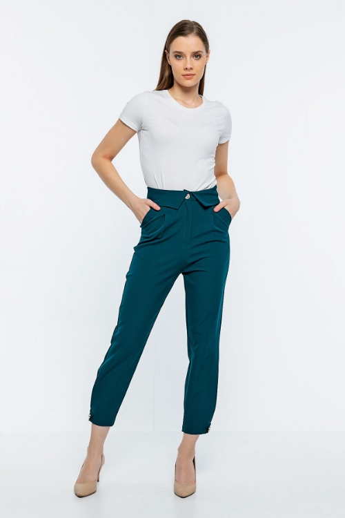 Picture of Woman Petroleum Petroleum Green waist folded trotter Buttoned Trousers
