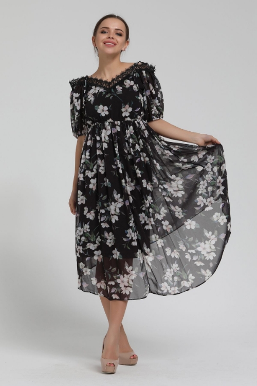 Picture of Woman Black flower Patterned shoulders Light Strap Chiffon Long Maxi Dress
