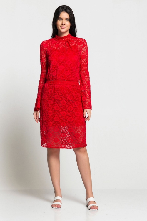 Picture of Woman Red Lace Long Maxi Sleeve Dress
