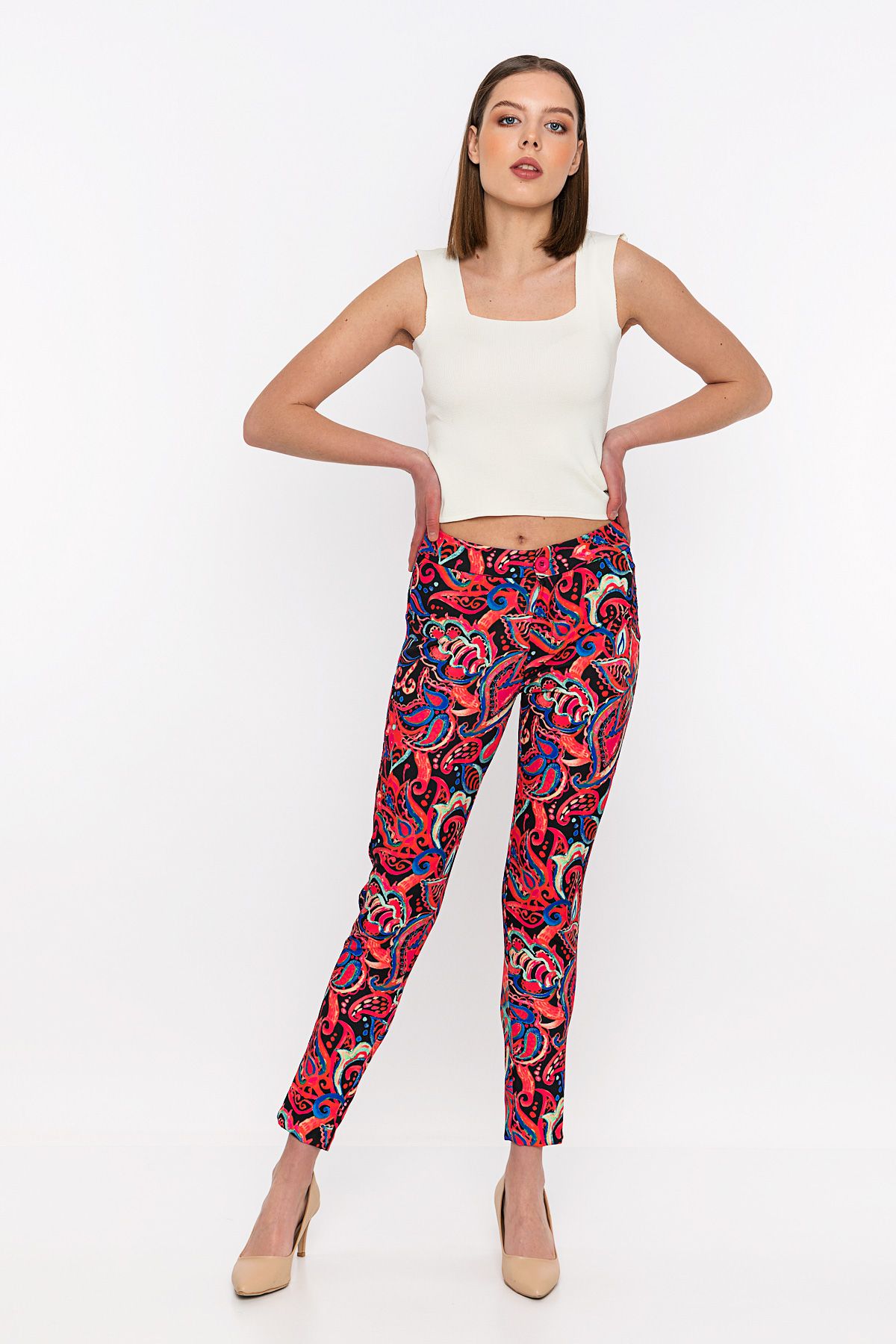Picture of Skinny Trotter Patterned High Waist Trousers