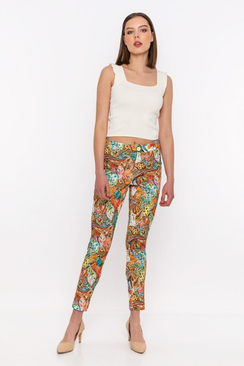 Picture of Woman Green Skinny Trotter Patterned High Waist Trousers