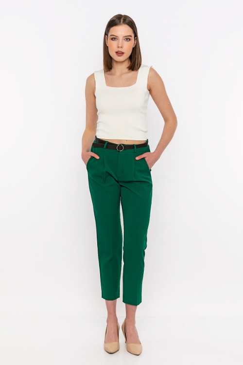 Kadın Yeşil Dar Paça Kemer Detayli Yüksek Bel Pantolon resmi