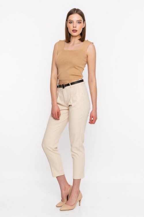 Picture of Woman Beige Skinny Trotter Belt Detayli High Waist Trousers