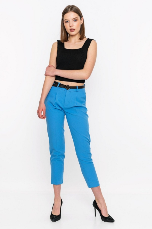 Kadın Mavi Dar Paça Kemer Detayli Yüksek Bel Pantolon resmi