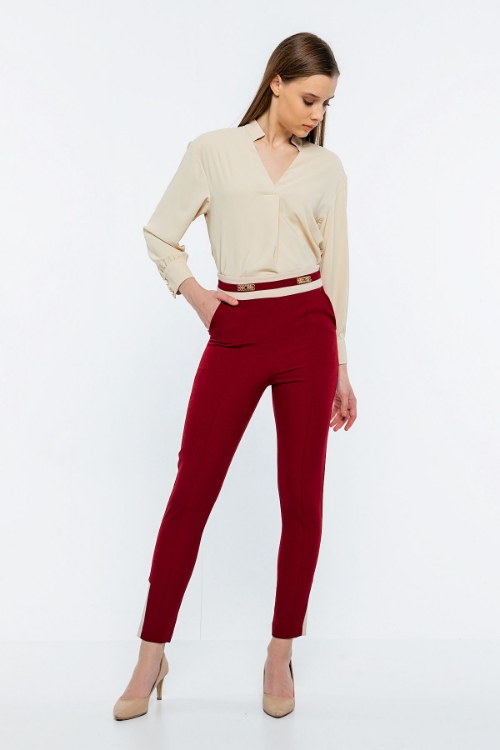 Kadın Bordo Dar Paça Yüksek Bel İki Renk Pantolon resmi
