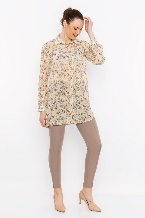 Picture of Woman Beige Patterned Buttoned Tunic