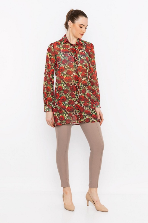 Picture of Woman Red Patterned Buttoned Tunic