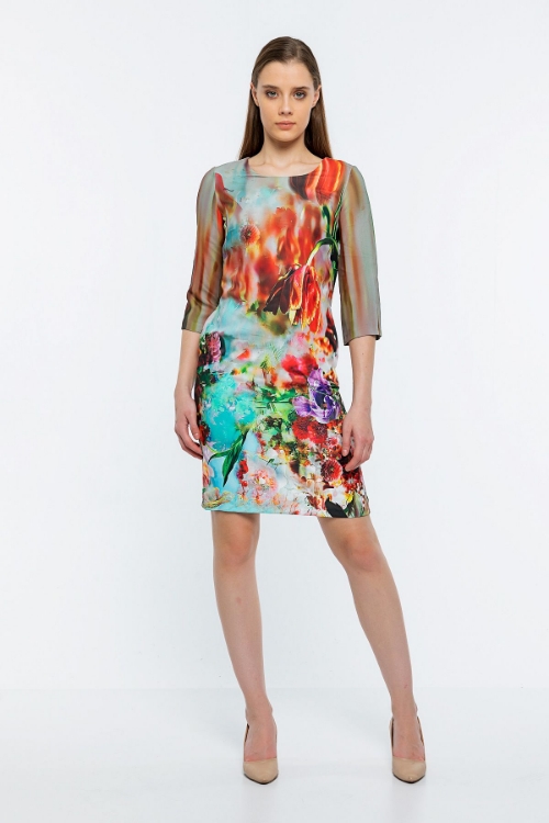 Picture of Woman Green Patterned three quarter Trojan Sleeve Dress