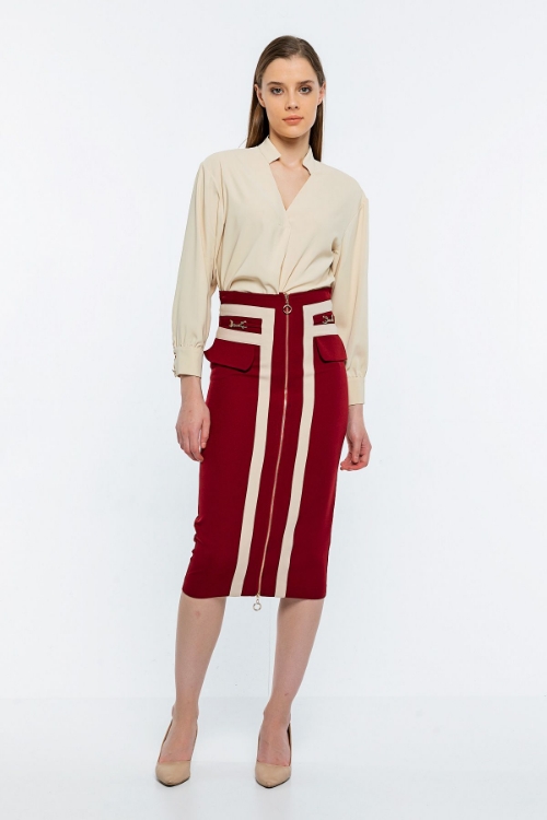 Picture of Woman Bordeux Maroon Knee Length Zipper Detailed Classical Skirt