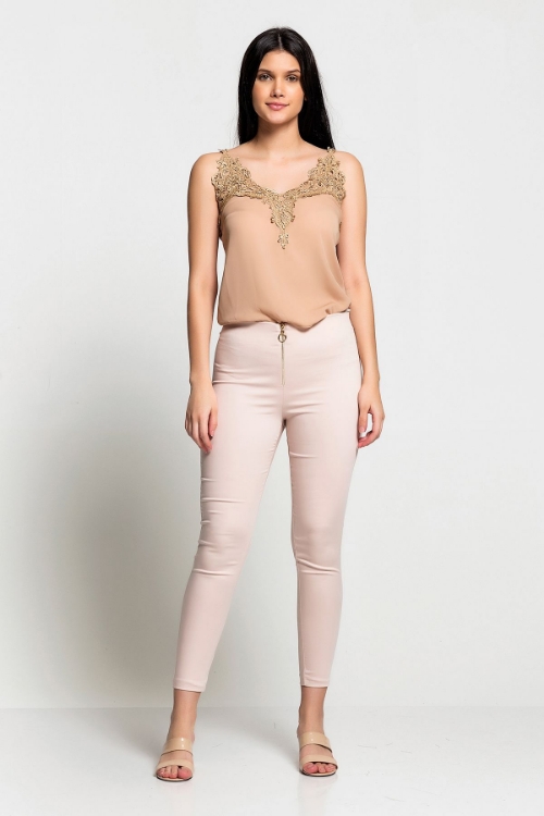 Picture of Woman Beige Zipper Detailed Tight Trousers