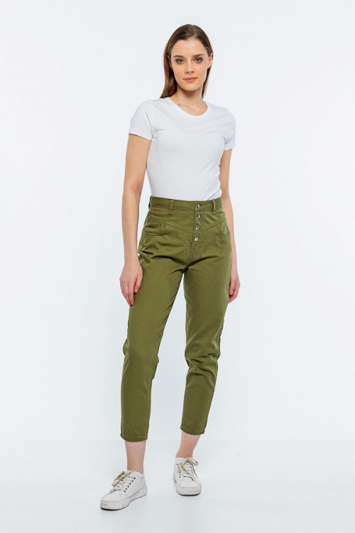 Picture of Woman Khaki Gabardine mom Cut three Buttoned Trousers