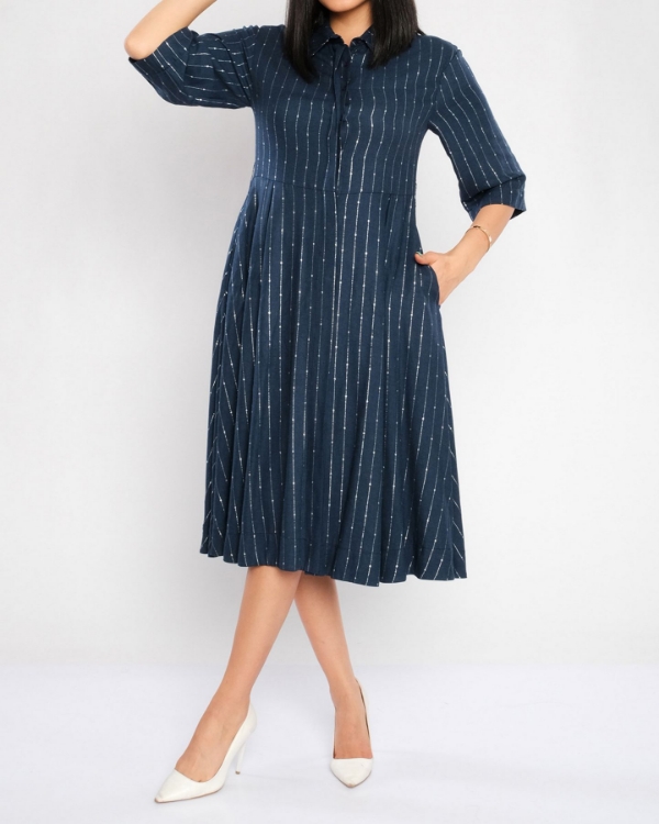 Kadın Lacivert Gömlek Yaka Midi Elbise resmi