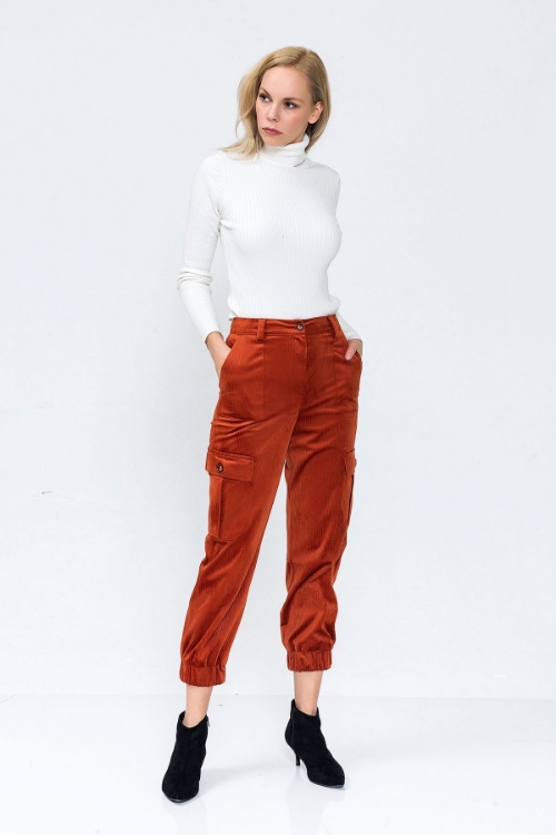 Picture of Woman Terra Cotta Tile Velvet Cargo Trousers