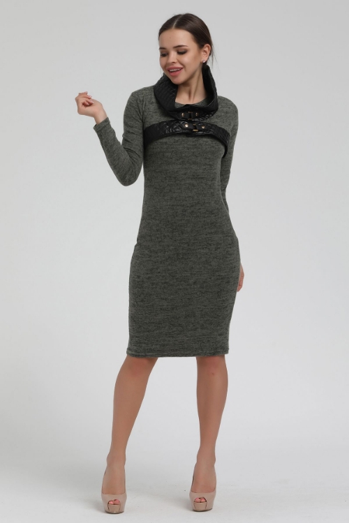 Picture of Leather Neck Detailed Knitwear Dress