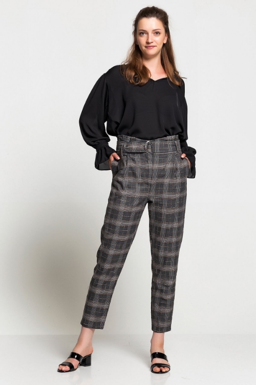 Picture of Woman Anthracite High Waist Plaid Trousers