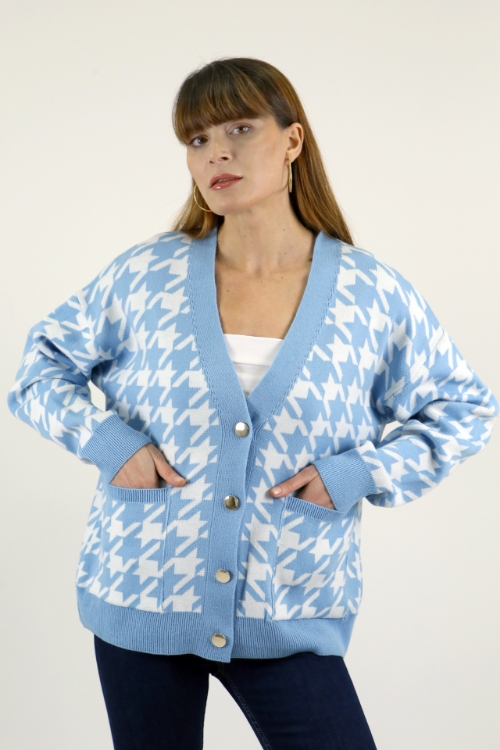Picture of Woman Bebe Blue Crowbar Pattern V Neck with pockets Cardigan