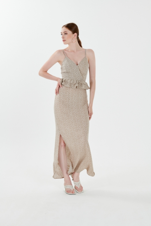 Picture of Woman Beige &#x0D;
 Strap V Neck Long Viscose Dress