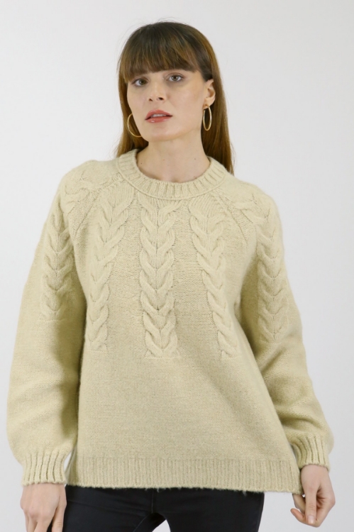 Picture of Woman Beige Crew Neck Knitting Pattern Knitwear Pullover