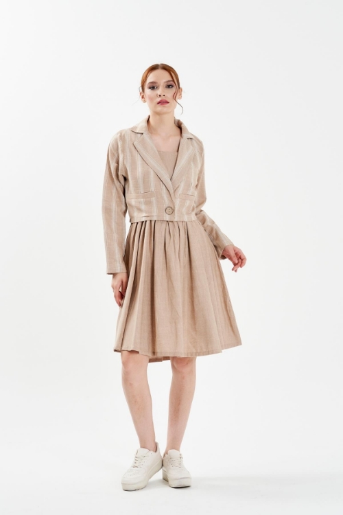 Picture of Woman Beige Crop Jacket Dress Linen Suit