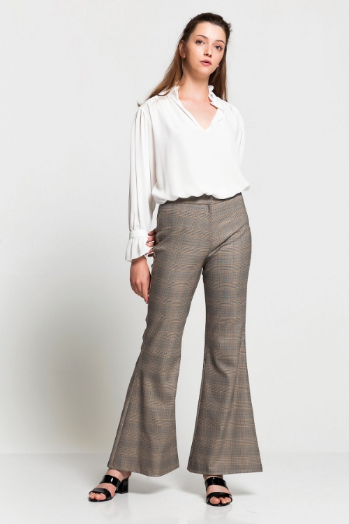 Picture of Woman Beige Flare Trotter High Waist Plaid Trousers
