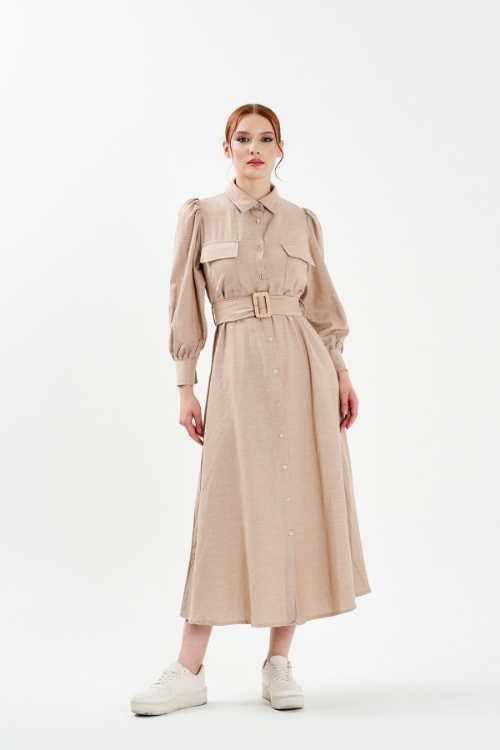 Picture of Woman Beige Linen Belted Long Maxi Shirt Dress