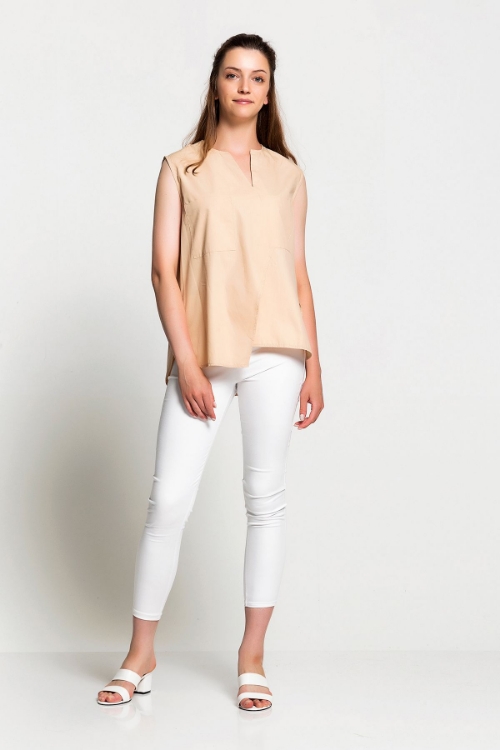 Picture of Woman Beige Sleevless Design Blouse