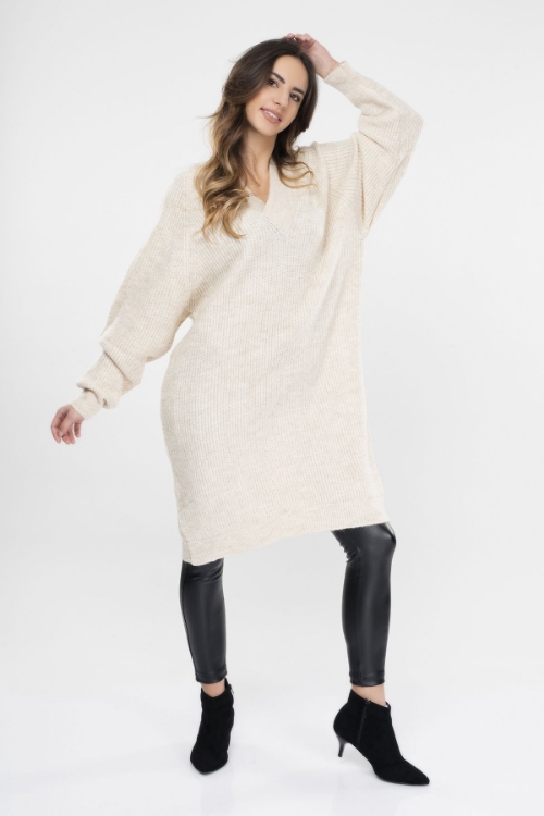 Picture of Woman Beige V Neck Knitwear Pullover