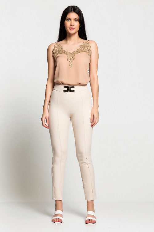 Picture of Woman Beige High Waist Skinny Trotter Trousers