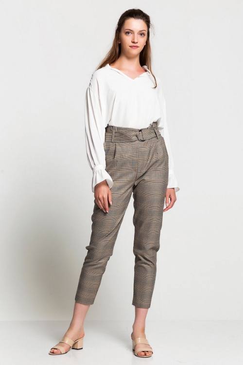 Kadın Bej Yüksek Bel Ekoseli Pantolon resmi