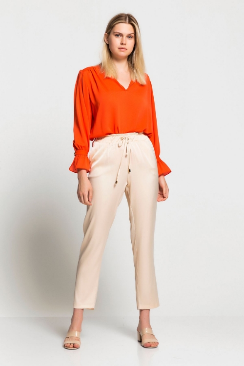 Picture of Woman Beige High Waist Elastic Trousers