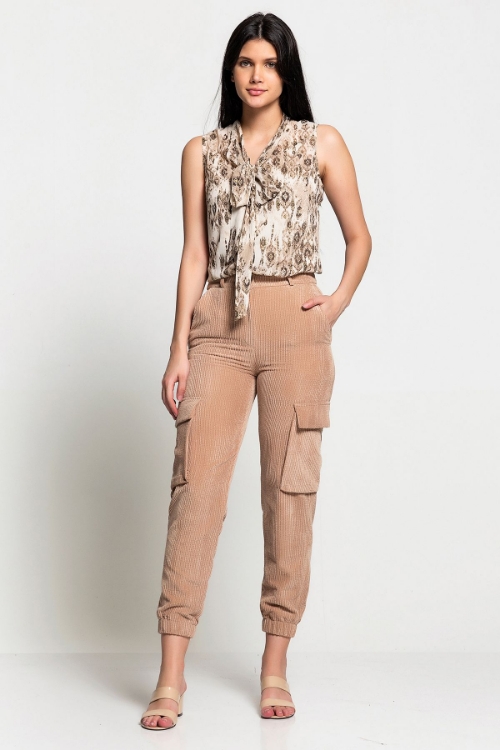 Picture of Woman Beige high Waist Cargo with pockets Velvet Trousers