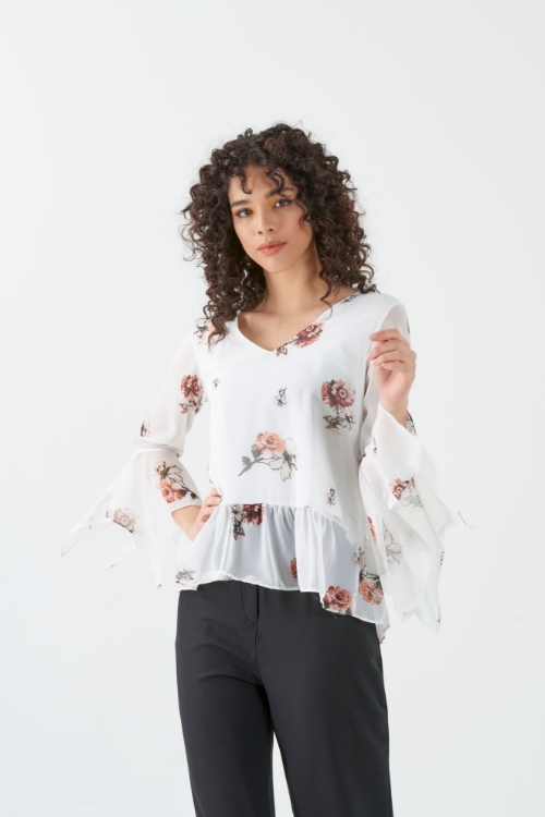 Picture of Woman White handles Ruffle V Neck Chiffon Blouse