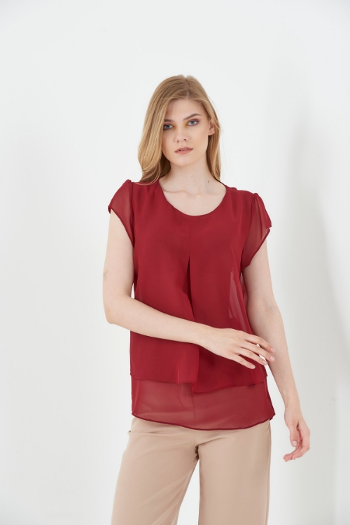 Picture of Woman Bordeux Maroon Moon Sleeve Infinity Neck Chiffon Blouse