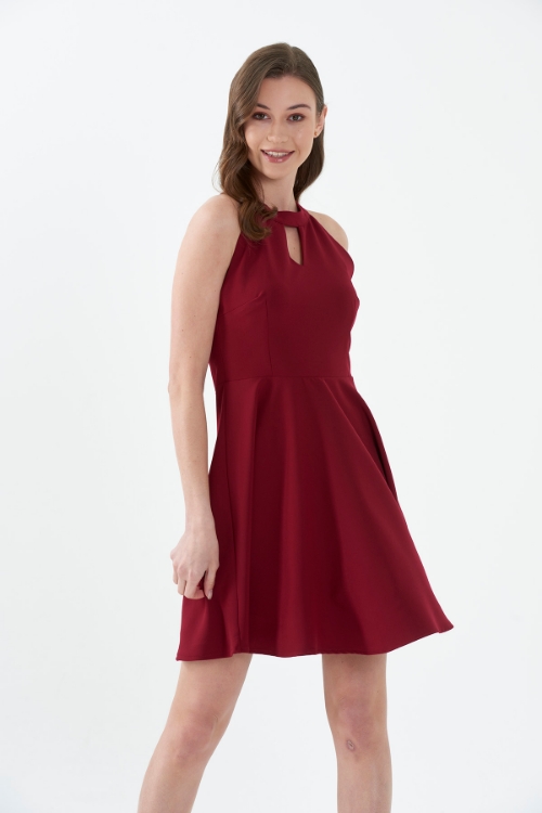 Picture of Woman Bordeux Maroon Halter Neck Loose Mini Dress