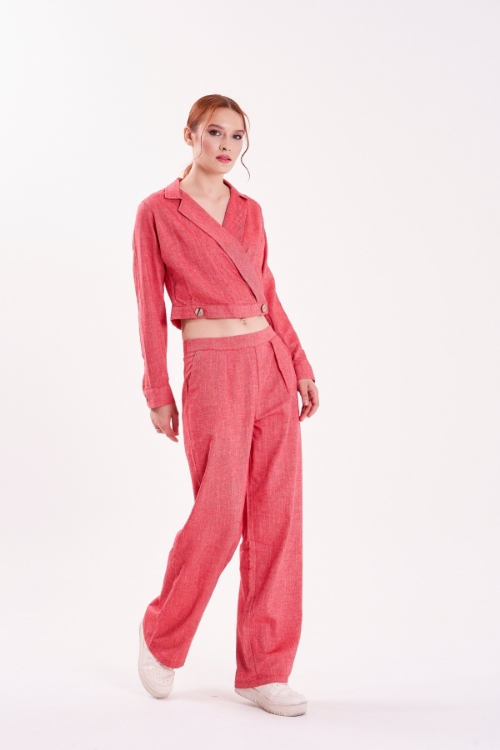 Picture of Woman Bordeux Maroon Double breasted Neck Crop Blouse Trousers Suit