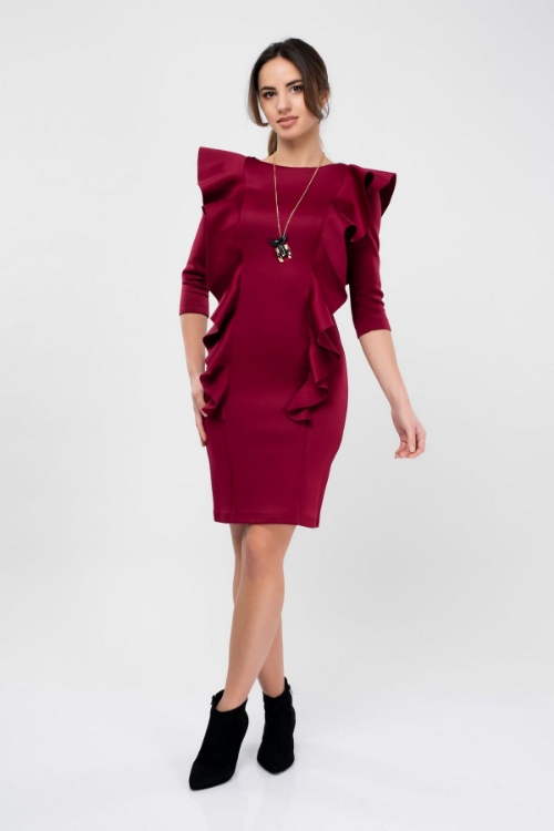 Picture of Woman Bordeux Maroon front Ruffle Scuba Dress