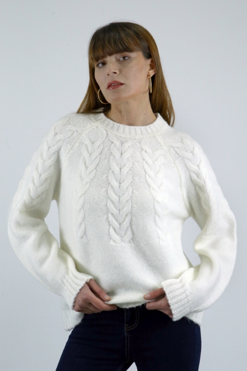 Picture of Woman Ecru Crew Neck Knitting Pattern Knitwear Pullover