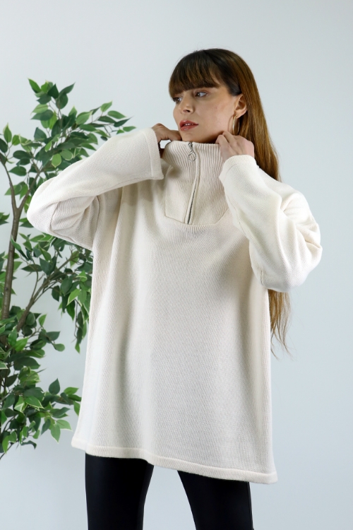 Picture of Woman Ecru Oversize Zipped Knitwear Pullover