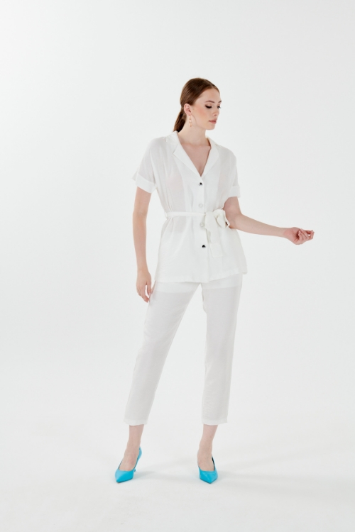 Picture of Woman Ecru V Neck Blouse Trousers Aerobin Suit