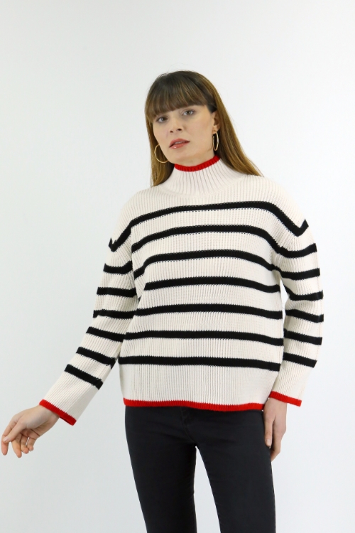 Picture of Woman Ecru Half Turtle Neck Neck Striped Knitwear Pullover