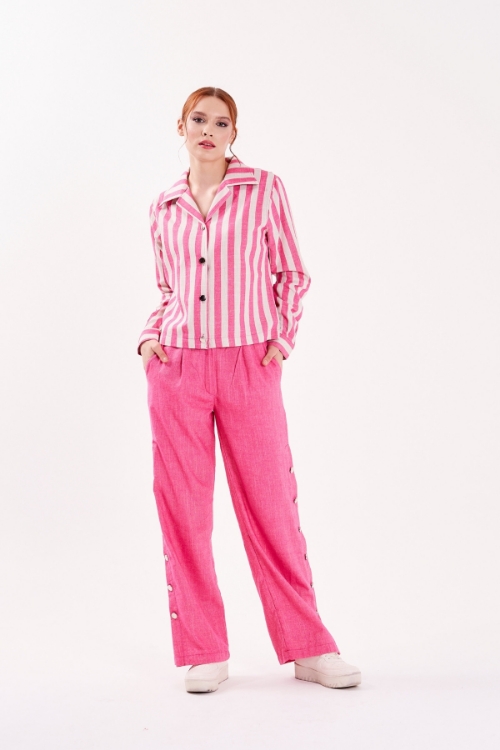 Picture of Woman Fuchsia Striped Linen Shirt Trousers Suit