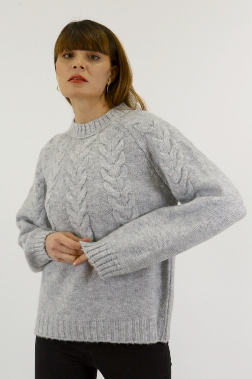 Picture of Woman Grey Crew Neck Knitting Pattern Knitwear Pullover
