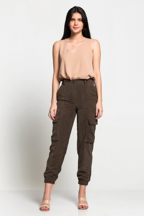 Picture of Woman Khaki high Waist Cargo with pockets Velvet Trousers