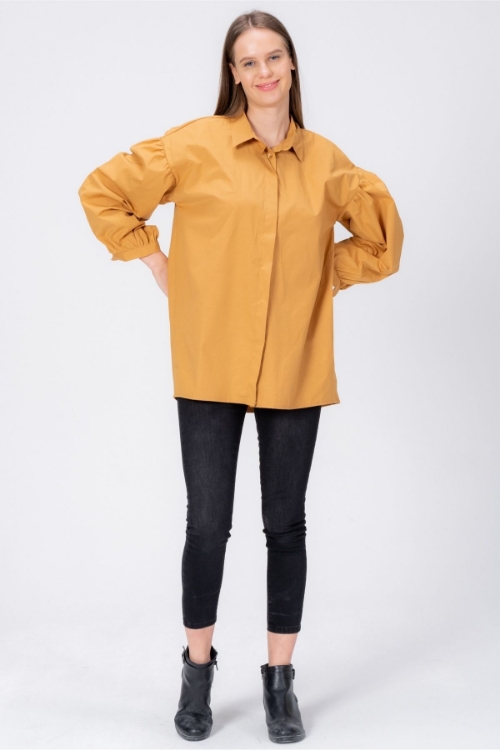 Picture of Woman Mustard Mustard Yellow Poplin Watermelon Sleeve Shirt