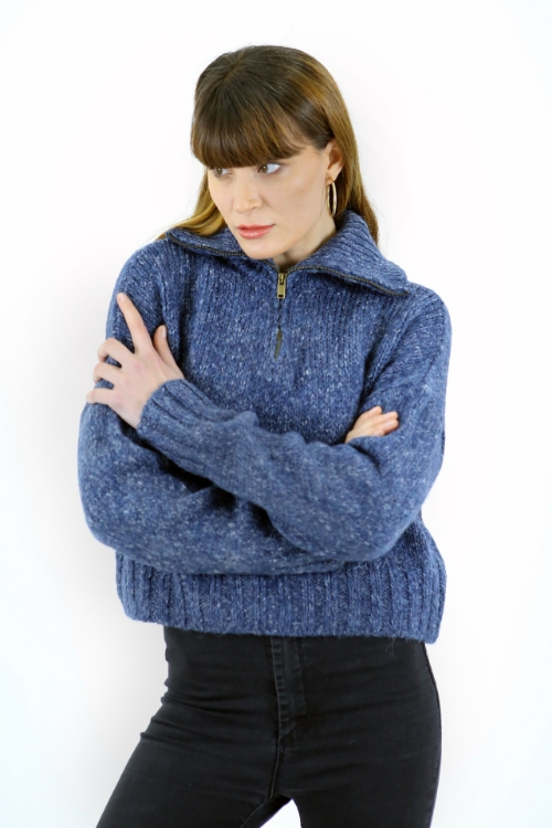 Picture of Woman Indigo Blue indigo Zipped Neck Short Woollen Knitwear Pullover