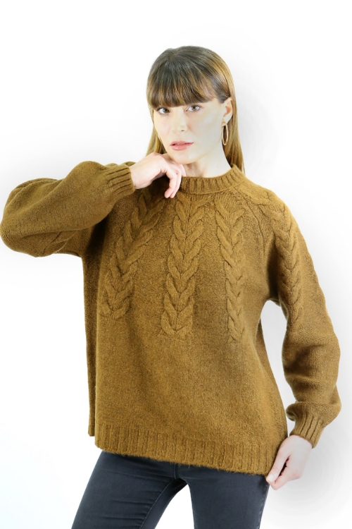 Picture of Woman Brown Crew Neck Knitting Pattern Knitwear Pullover